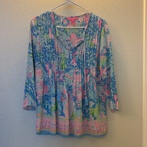 Lilly Pulitzer Marilina Fished My Wish Vibrant Blue and Pink Blouse